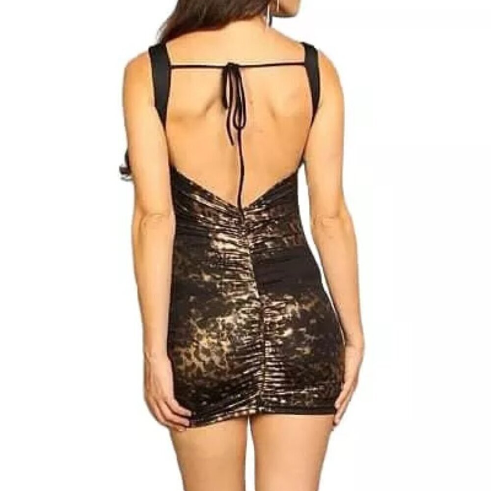 Black Gold Bodycon Ruched‎ Mini Dress Small Open Back